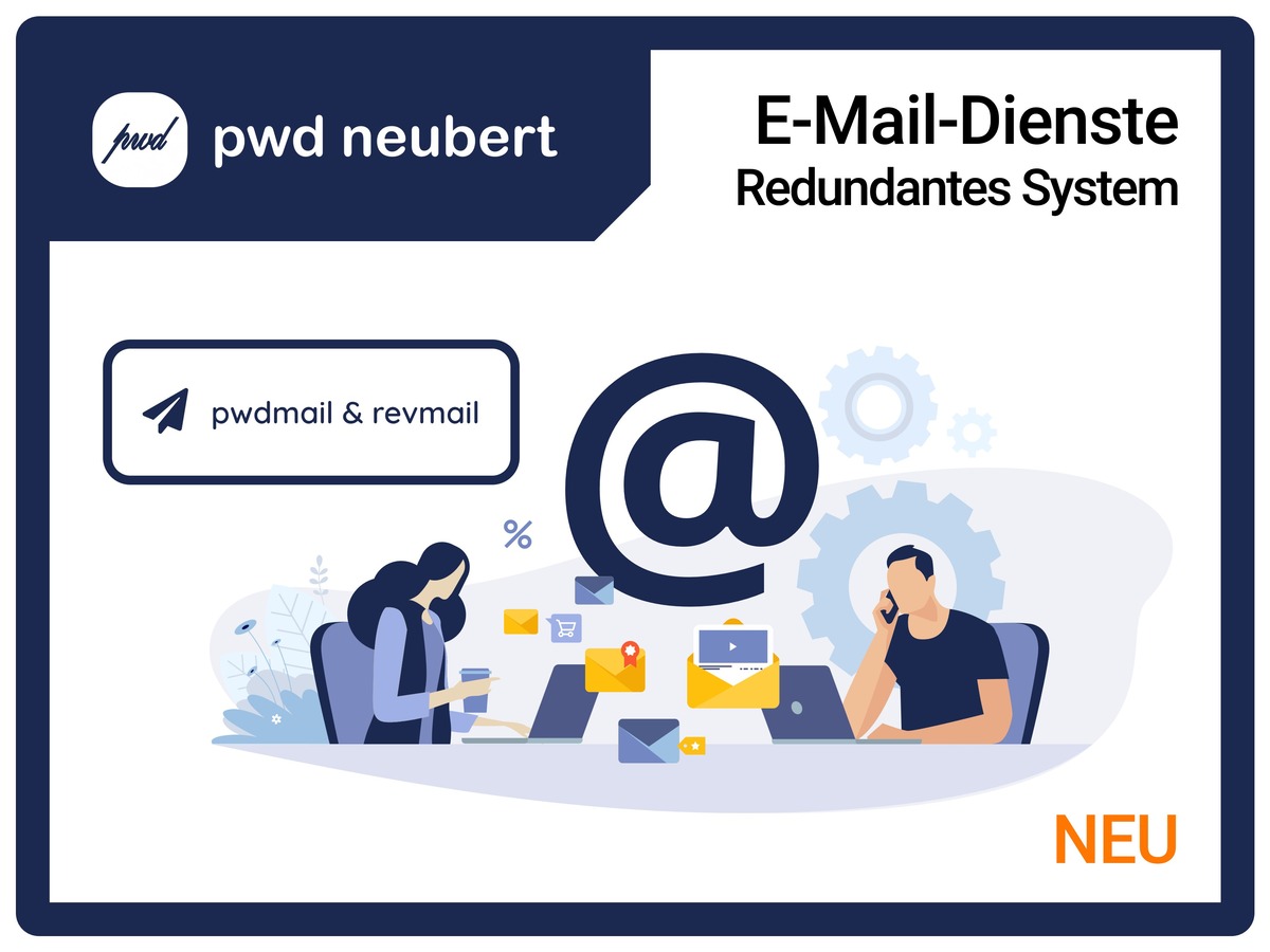 Illustration eines Büros mit zwei Personen am Laptop, die E-Mails erhalten
